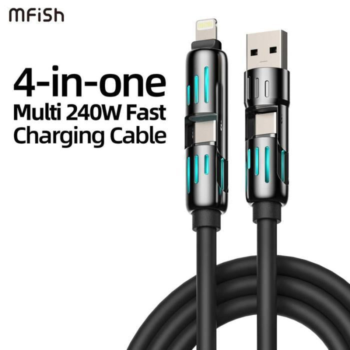 كابل شحن سريع USB متعدد 4 في 1 — لايتنينج، تايب سي، ومايكرو USB