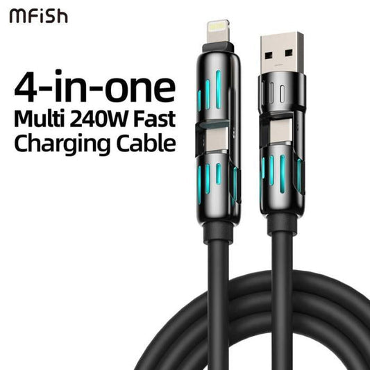كابل شحن سريع USB متعدد 4 في 1 — لايتنينج، تايب سي، ومايكرو USB